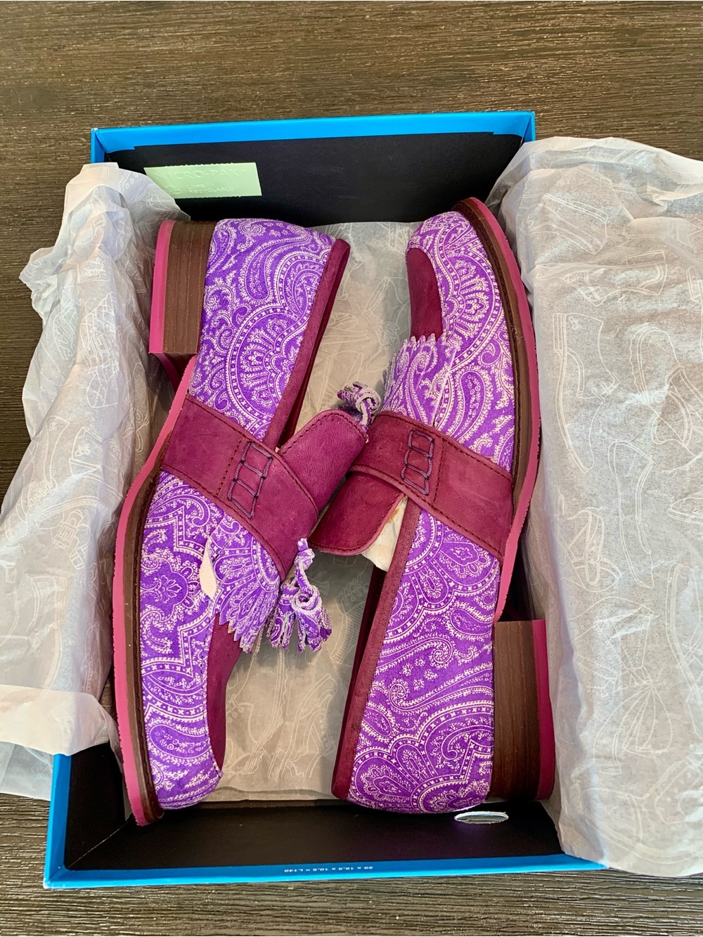 John Fluevog Magenta Biblio Alma Purpley Paisley Tassel Loafers